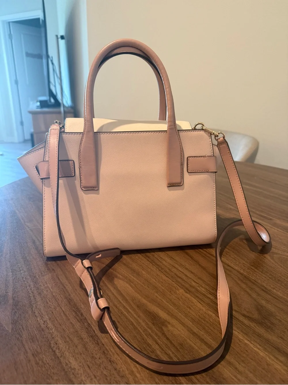 Michael Kors Pink and Cream Leather Satchel with Gold MK Medallion